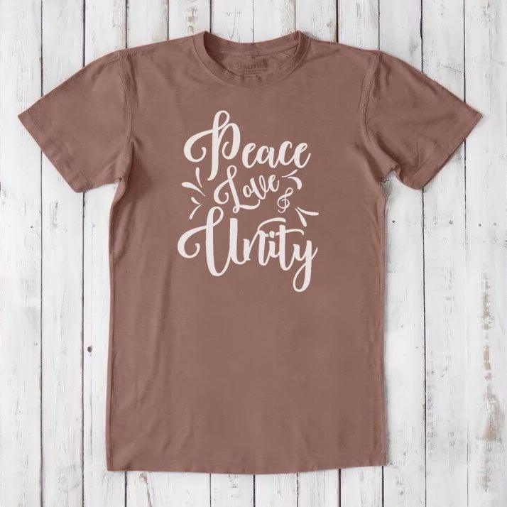 Men's Peace Love Unity T-Shirt in light brown bamboo and organic cotton with white graphic, sustainable and meaningful men's apparel.