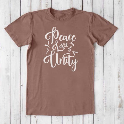 Men's Peace Love Unity T-Shirt in light brown bamboo and organic cotton with white graphic, sustainable and meaningful men's apparel.