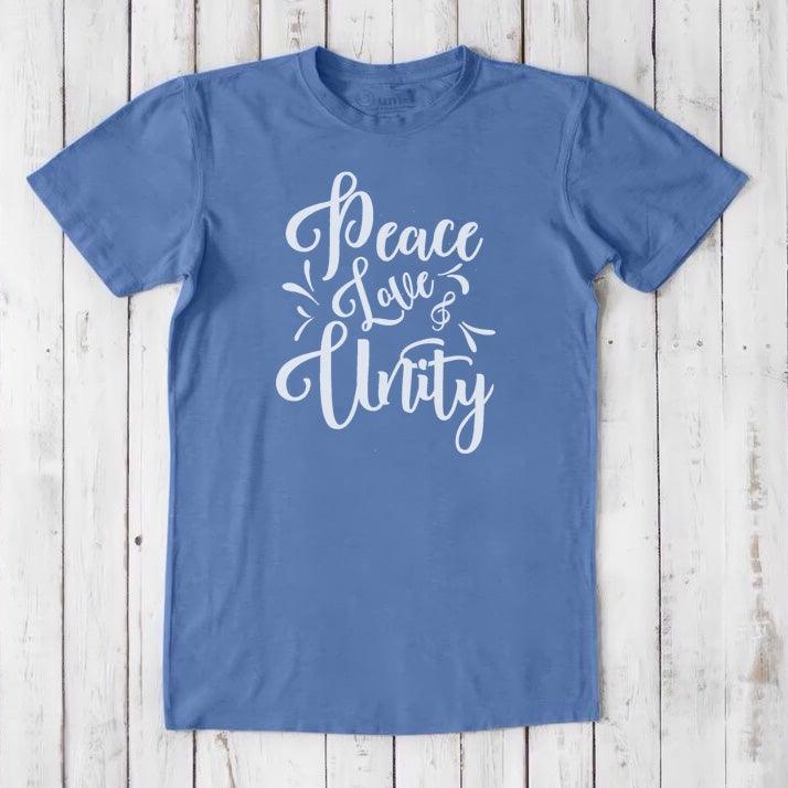 Men's Peace Love Unity T-Shirt in ocean blue bamboo and organic cotton with white inspirational text, eco-friendly gift idea for him.