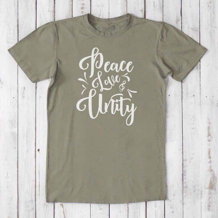 Men's Peace Love Unity T-Shirt in khaki green bamboo and organic cotton with white graphic, positive message sustainable tee for men.