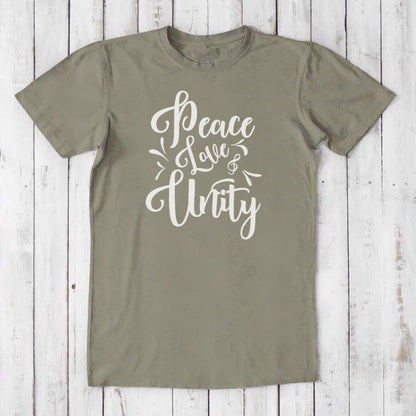 Men's Peace Love Unity T-Shirt in khaki green bamboo and organic cotton with white graphic, positive message sustainable tee for men.
