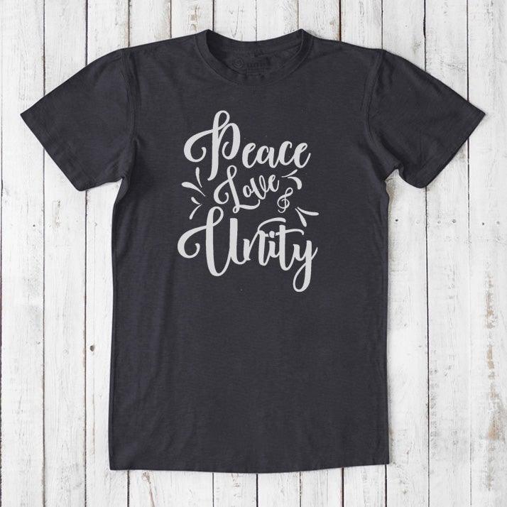 Men's Peace Love Unity T-Shirt in black bamboo and organic cotton with gray graphic text, bold and eco-conscious fashion for men.
