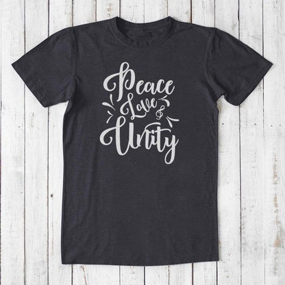 Men's Peace Love Unity T-Shirt in black bamboo and organic cotton with gray graphic text, bold and eco-conscious fashion for men.