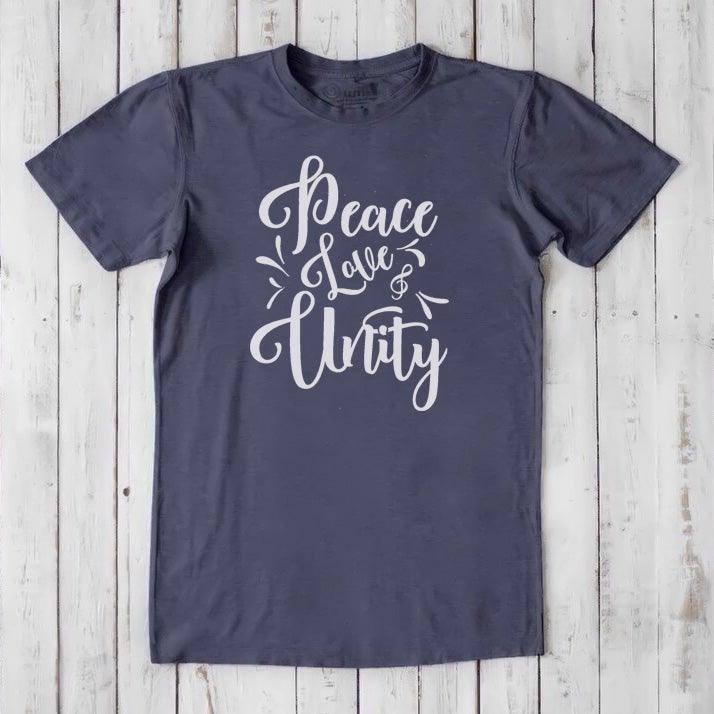 Men's Peace Love Unity T-Shirt in navy bamboo and organic cotton with white graphic, inspirational and sustainable gift for him.