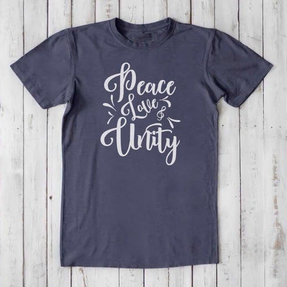 Men's Peace Love Unity T-Shirt in navy bamboo and organic cotton with white graphic, inspirational and sustainable gift for him.