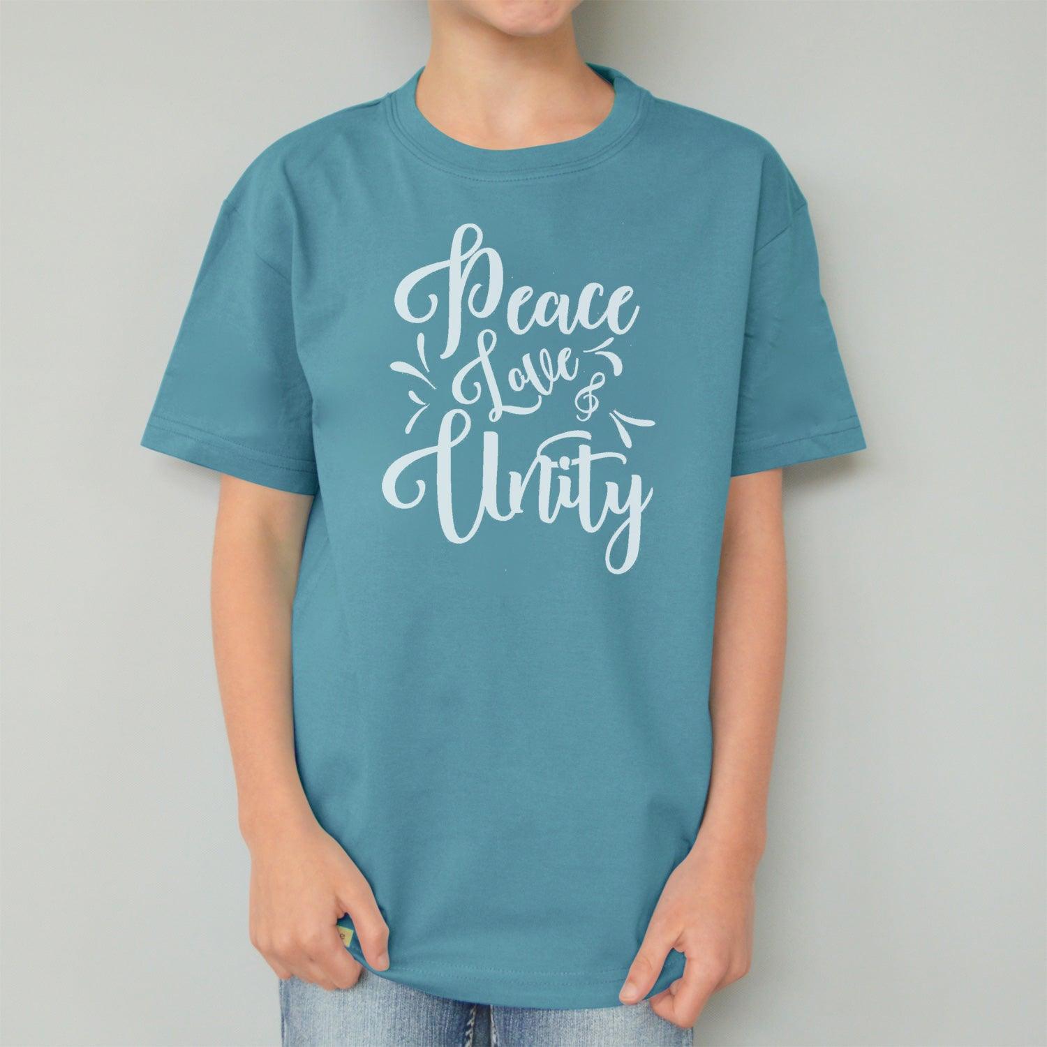 Kids' Peace Love & Unity Organic Cotton T-Shirt in teal blue with white inspirational graphic text, sustainable and eco-friendly apparel for children.