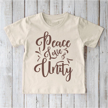 Natural cream Kids' Peace Love & Unity Organic Cotton T-Shirt with brown graphic text, ethical and sustainable clothing top for children by Uni-T.