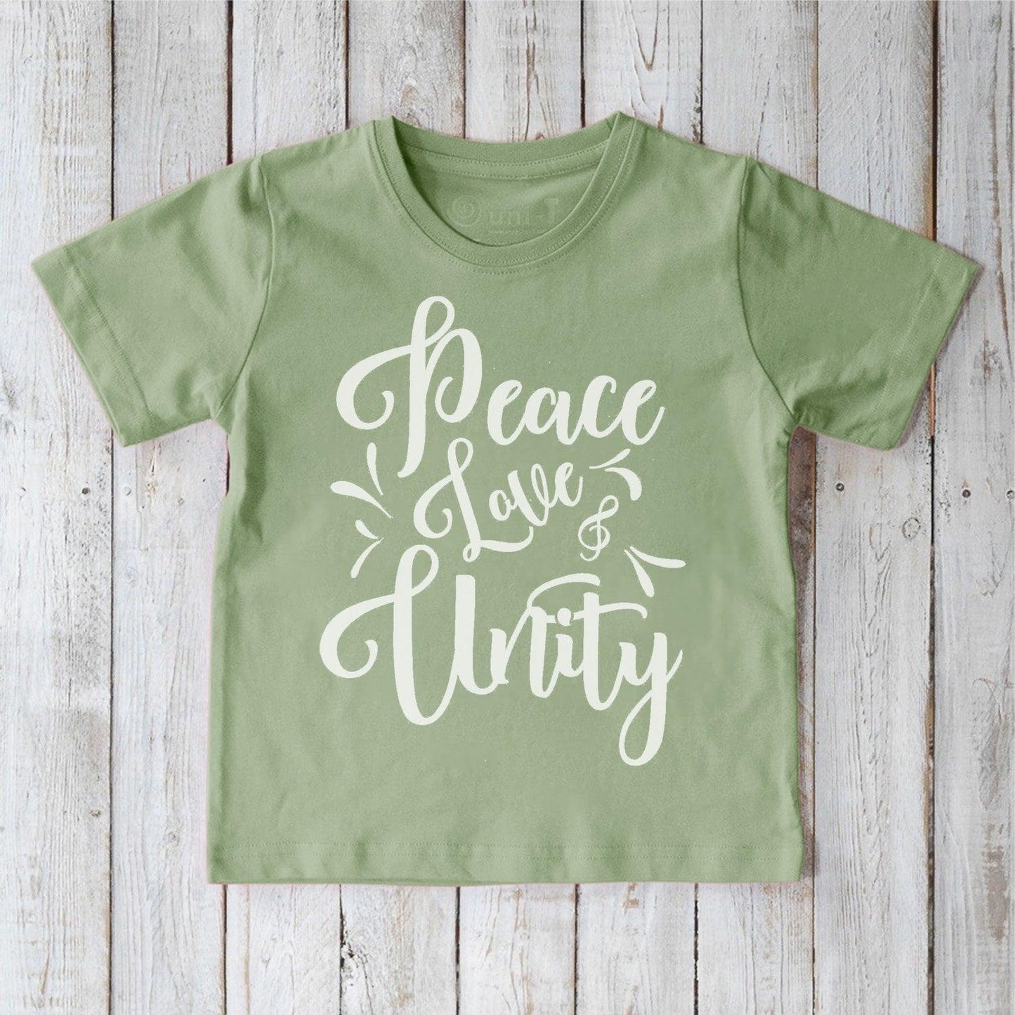 Sage green Kids' Peace Love & Unity Organic Cotton T-Shirt with white inspirational print, eco-friendly and positive message tee for kids' wardrobes.