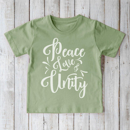 Sage green Kids' Peace Love & Unity Organic Cotton T-Shirt with white inspirational print, eco-friendly and positive message tee for kids' wardrobes.