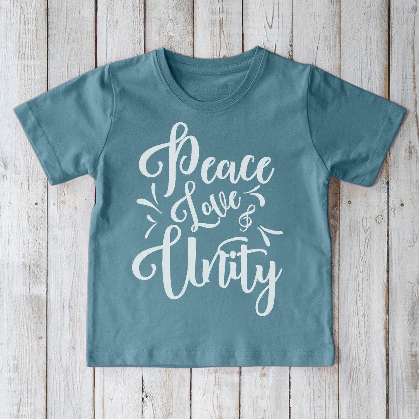 Teal Kids' Peace Love & Unity Organic Cotton T-Shirt with white graphic lettering, sustainable and inspirational top for children by Uni-T.