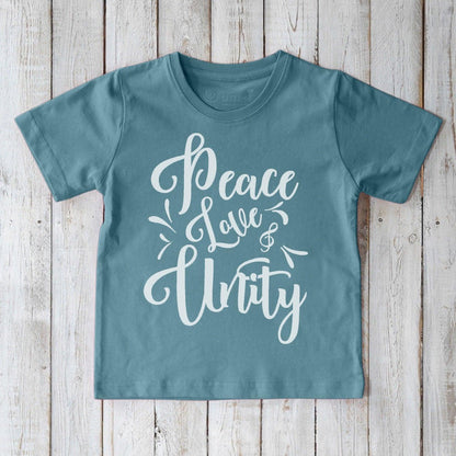 Teal Kids' Peace Love & Unity Organic Cotton T-Shirt with white graphic lettering, sustainable and inspirational top for children by Uni-T.