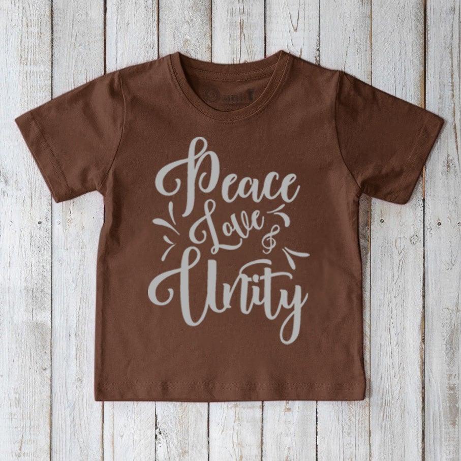 Chocolate brown Kids' Peace Love & Unity Organic Cotton T-Shirt with light brown graphic, eco-conscious and meaningful apparel for young kids.