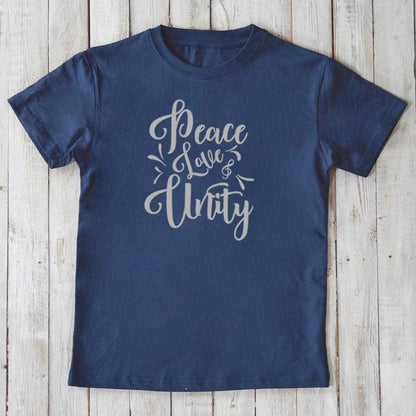 Navy blue Kids' Peace Love & Unity Organic Cotton T-Shirt with gray inspirational text, sustainable and stylish tee for children by Uni-T.