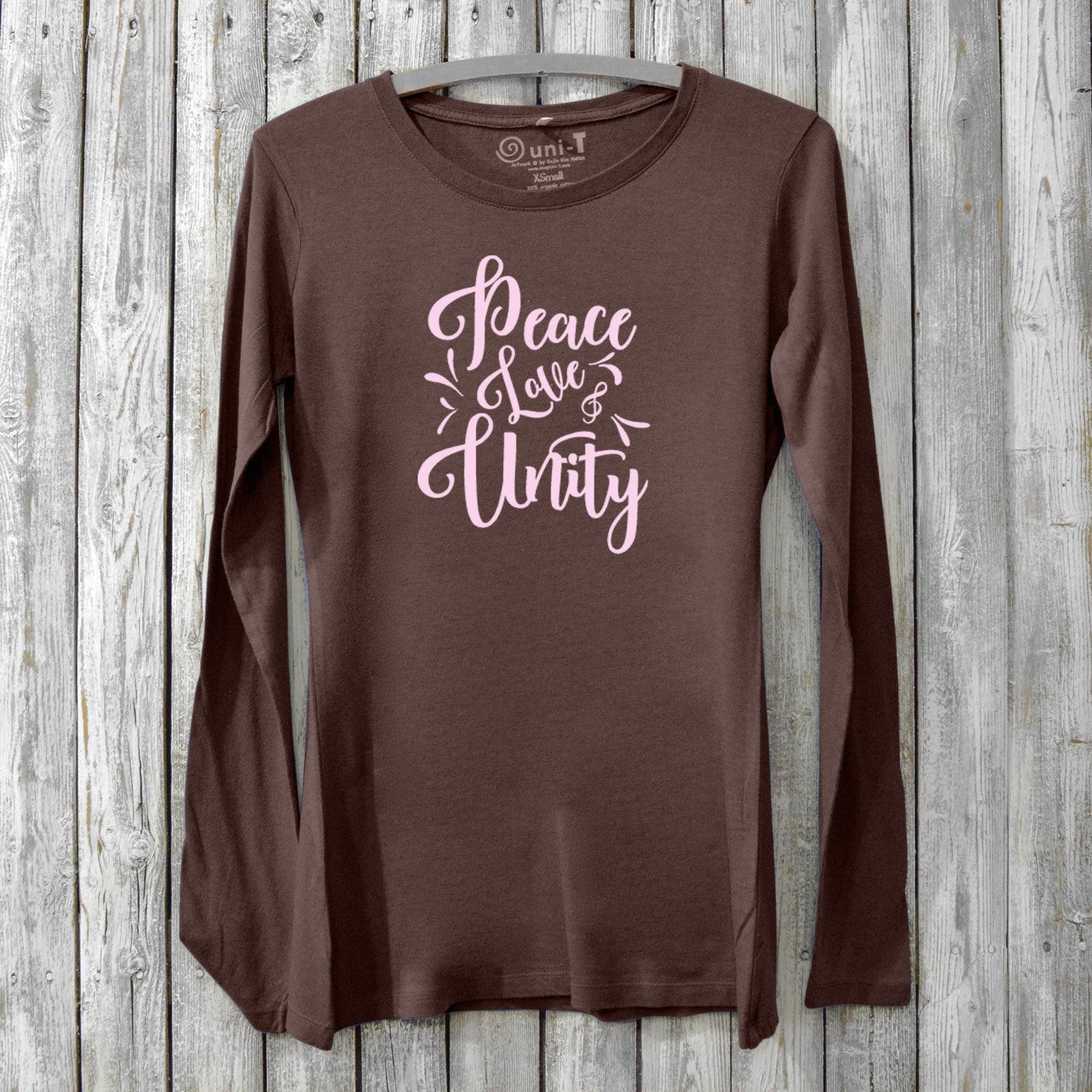 Women’s Peace Love & Unity Long Sleeve T-Shirt in dark brown bamboo and organic cotton with pink inspirational graphic, sustainable eco-friendly top.