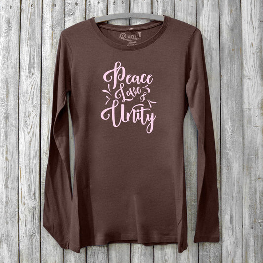 Women’s Peace Love & Unity Long Sleeve T-Shirt in dark brown bamboo and organic cotton with pink inspirational graphic, sustainable eco-friendly top.