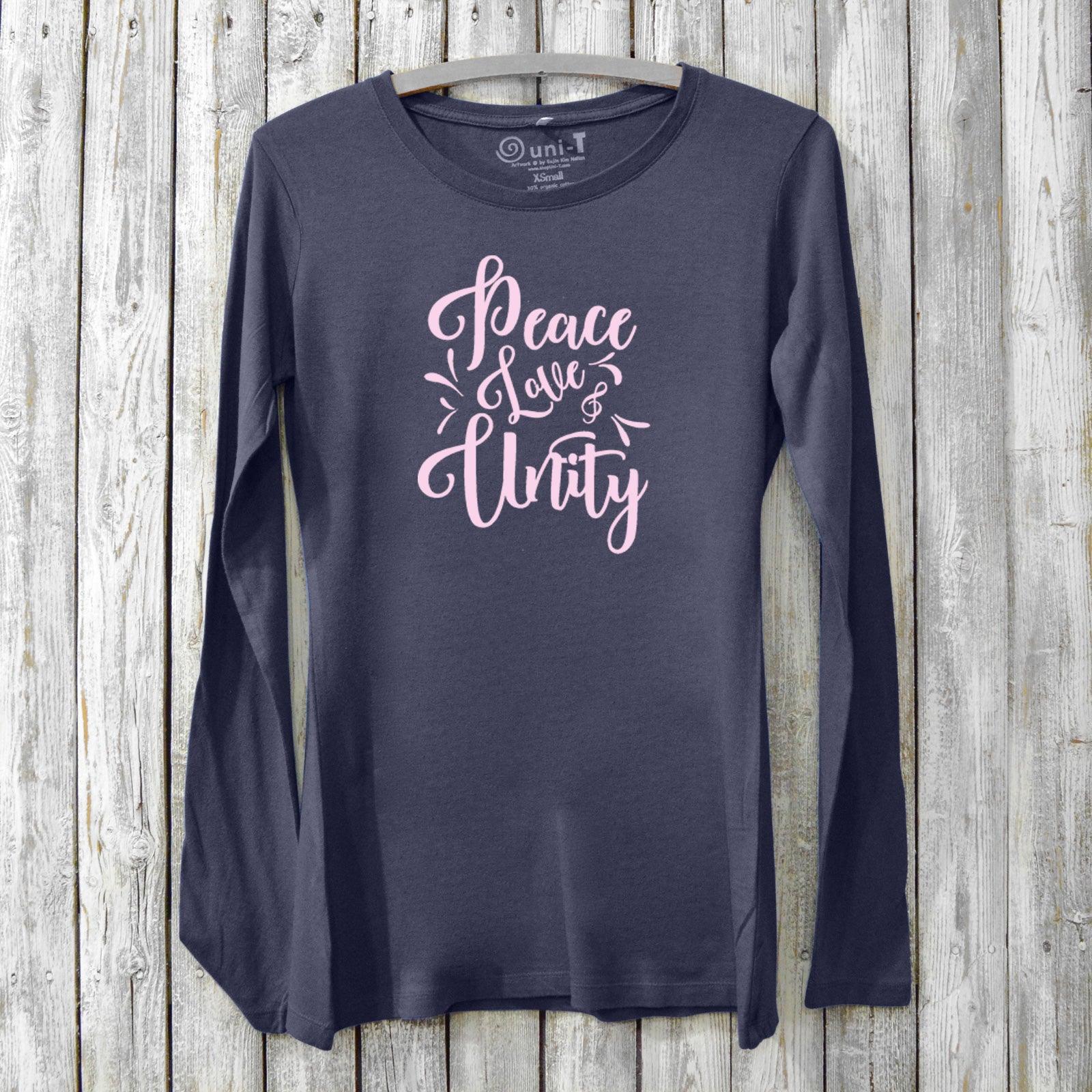 Eco-friendly Women’s Peace Love & Unity Long Sleeve Tee in navy bamboo and organic cotton, featuring pink positive message graphic by Uni-T.
