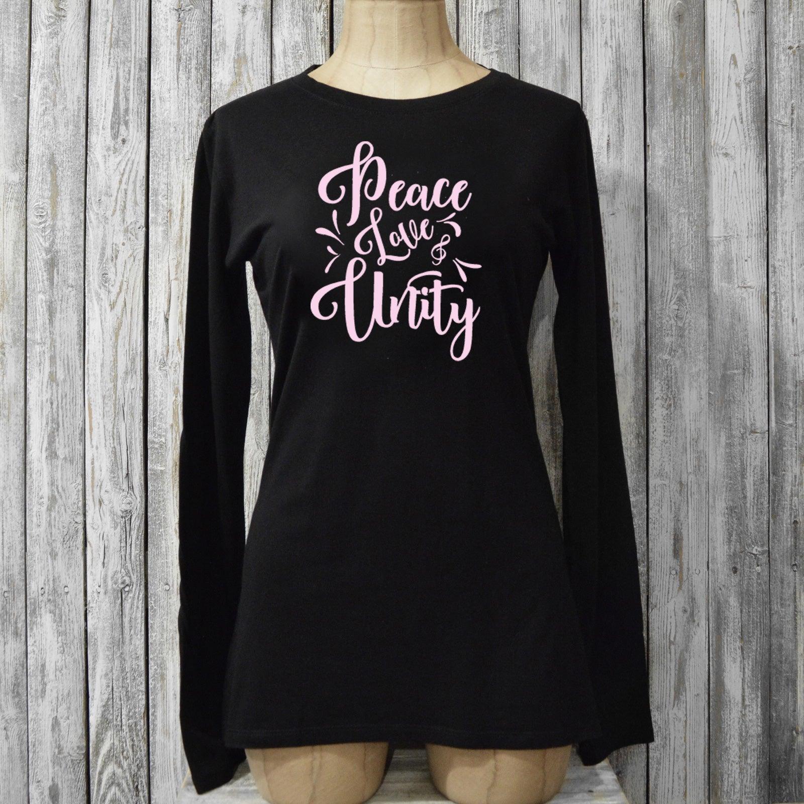 Black Women’s Peace Love & Unity Long Sleeve T-Shirt on mannequin, made from bamboo and organic cotton with pink inspirational graphic design.