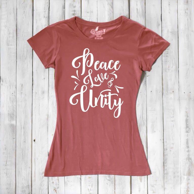 Women's Peace Love Unity T-Shirt in bamboo and organic cotton, rose red color with white inspirational graphic text. Sustainable fashion gift tee.