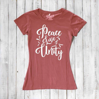 Women's Peace Love Unity T-Shirt in bamboo and organic cotton, rose red color with white inspirational graphic text. Sustainable fashion gift tee.