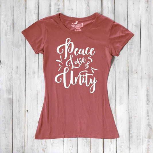 Women's Peace Love Unity T-Shirt in bamboo and organic cotton, rose red color with white inspirational graphic text. Sustainable fashion gift tee.