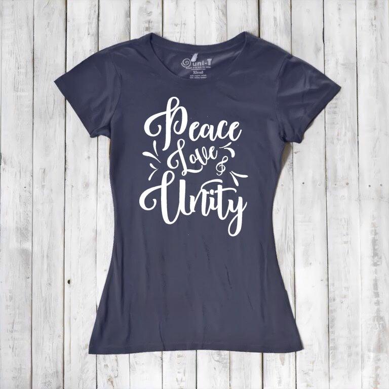 Navy blue Women's Peace Love Unity T-Shirt made from bamboo and organic cotton, featuring bold white positive message. Eco-friendly graphic tee.