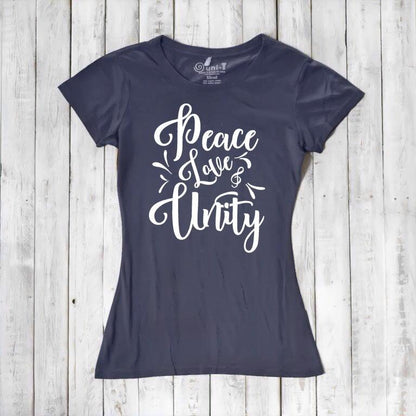 Navy blue Women's Peace Love Unity T-Shirt made from bamboo and organic cotton, featuring bold white positive message. Eco-friendly graphic tee.