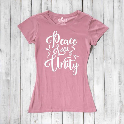 Pink Women's Peace Love Unity T-Shirt in bamboo and organic cotton with white uplifting graphic. Soft, sustainable gift for mindful living.