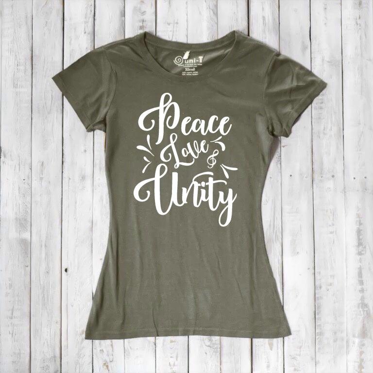 Olive green Women's Peace Love Unity T-Shirt crafted from bamboo and organic cotton, featuring white positive vibe graphic. Earth-tone eco tee.