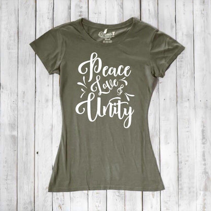 Olive green Women's Peace Love Unity T-Shirt crafted from bamboo and organic cotton, featuring white positive vibe graphic. Earth-tone eco tee.