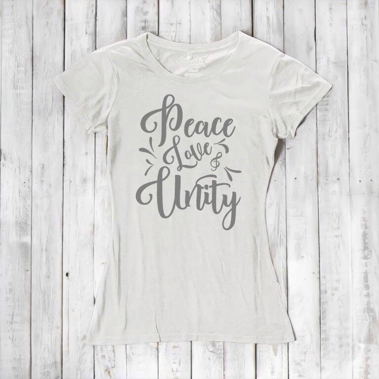 Natural white Women's Peace Love Unity T-Shirt in bamboo and organic cotton with light gray inspirational print. Minimalist sustainable fashion.