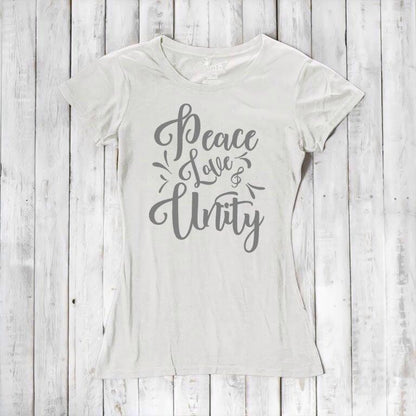 Natural white Women's Peace Love Unity T-Shirt in bamboo and organic cotton with light gray inspirational print. Minimalist sustainable fashion.