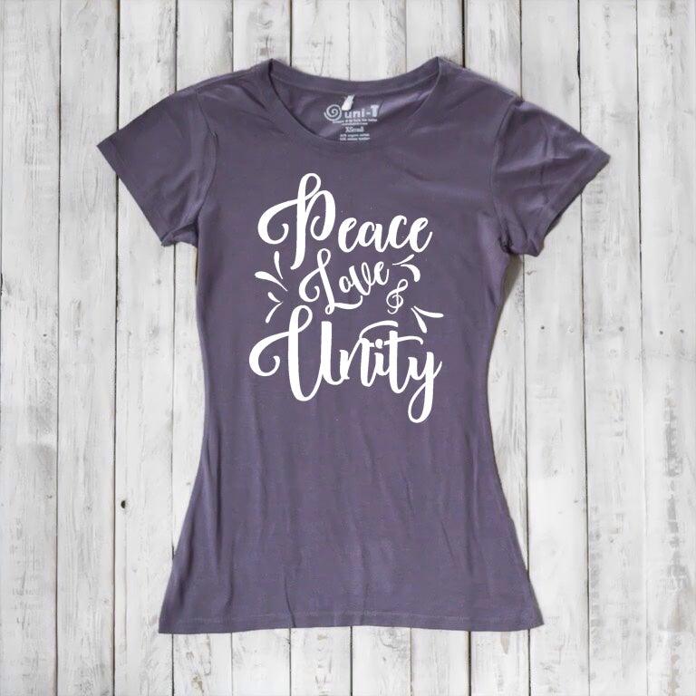 Charcoal gray Women's Peace Love Unity T-Shirt made of bamboo and organic cotton with white graphic text. Ethical and stylish statement tee.