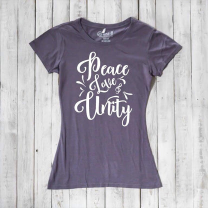 Charcoal gray Women's Peace Love Unity T-Shirt made of bamboo and organic cotton with white graphic text. Ethical and stylish statement tee.