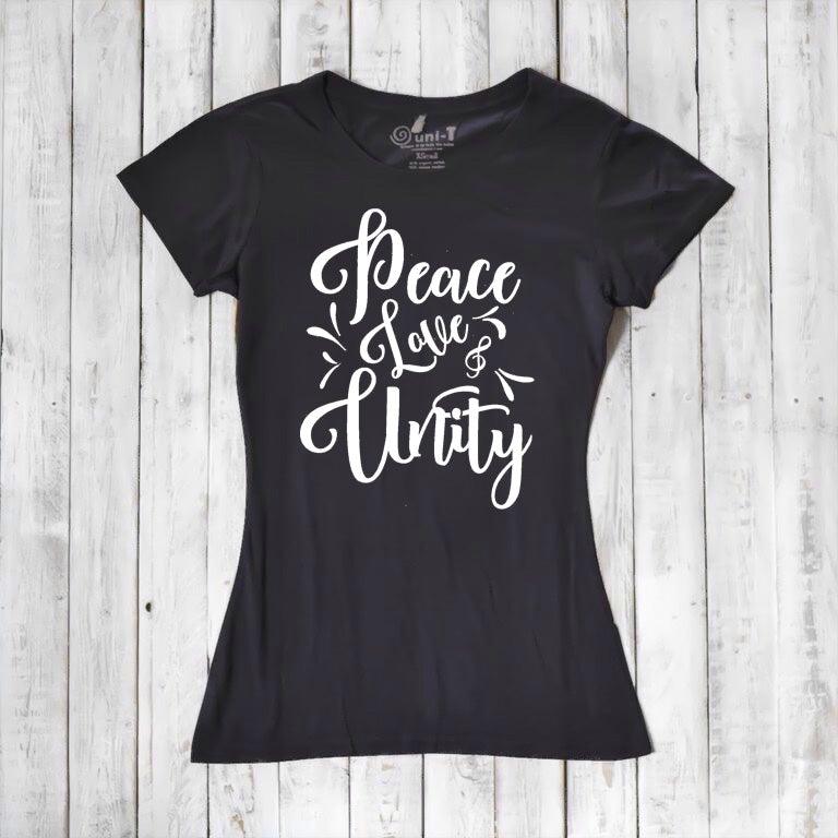 Black Women's Peace Love Unity T-Shirt in bamboo and organic cotton with bold white lettering. Classic sustainable graphic tee for her.