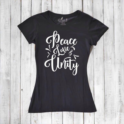 Black Women's Peace Love Unity T-Shirt in bamboo and organic cotton with bold white lettering. Classic sustainable graphic tee for her.
