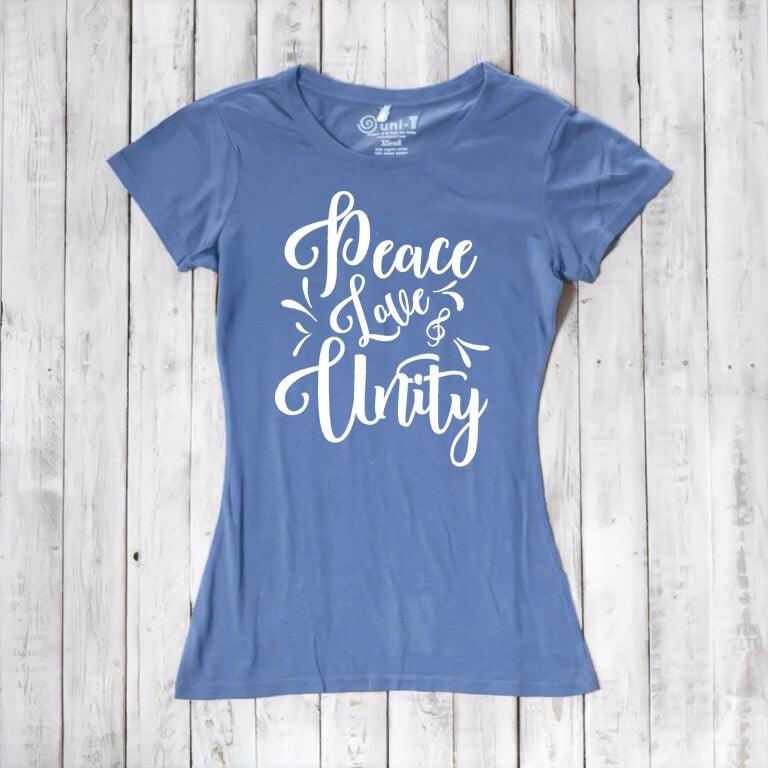 Dusty blue Women's Peace Love Unity T-Shirt crafted from bamboo and organic cotton, featuring white positive message. Eco-conscious gift idea.