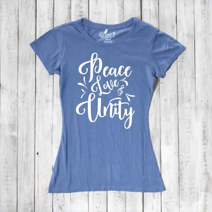 Dusty blue Women's Peace Love Unity T-Shirt crafted from bamboo and organic cotton, featuring white positive message. Eco-conscious gift idea.