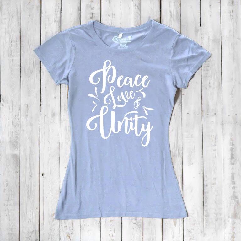 Light lavender Women's Peace Love Unity T-Shirt in bamboo and organic cotton with white graphic. Soft pastel sustainable fashion tee.