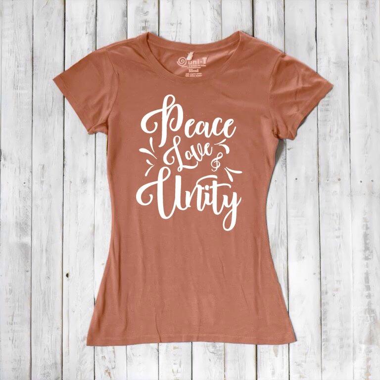 Rust orange Women's Peace Love Unity T-Shirt made from bamboo and organic cotton with white inspirational print. Warm-tone eco-friendly top.