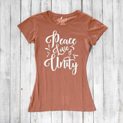 Rust orange Women's Peace Love Unity T-Shirt made from bamboo and organic cotton with white inspirational print. Warm-tone eco-friendly top.