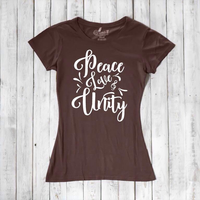 Chocolate brown Women's Peace Love Unity T-Shirt in bamboo and organic cotton with white graphic text. Earthy, sustainable fashion statement.