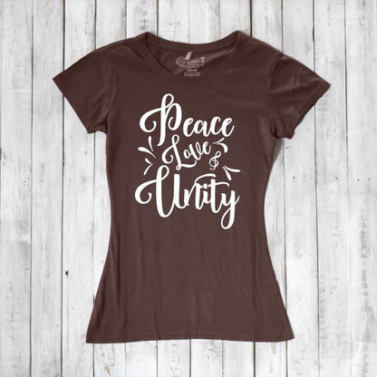 Chocolate brown Women's Peace Love Unity T-Shirt in bamboo and organic cotton with white graphic text. Earthy, sustainable fashion statement.