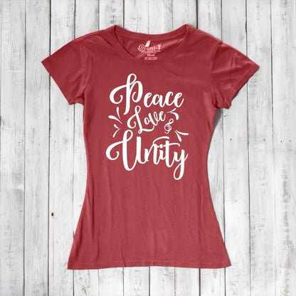 Rose red Women's Peace Love Unity T-Shirt in bamboo and organic cotton with white graphic. Positive vibe sustainable tee for women.