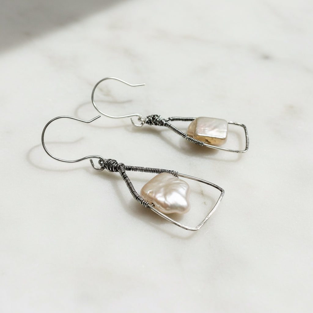 Pearl Earrings/Square Earrings, Silver Earrings- Janine Gerade