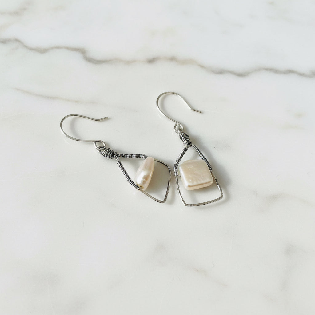 Pearl Earrings/Square Earrings, Silver Earrings- Janine Gerade