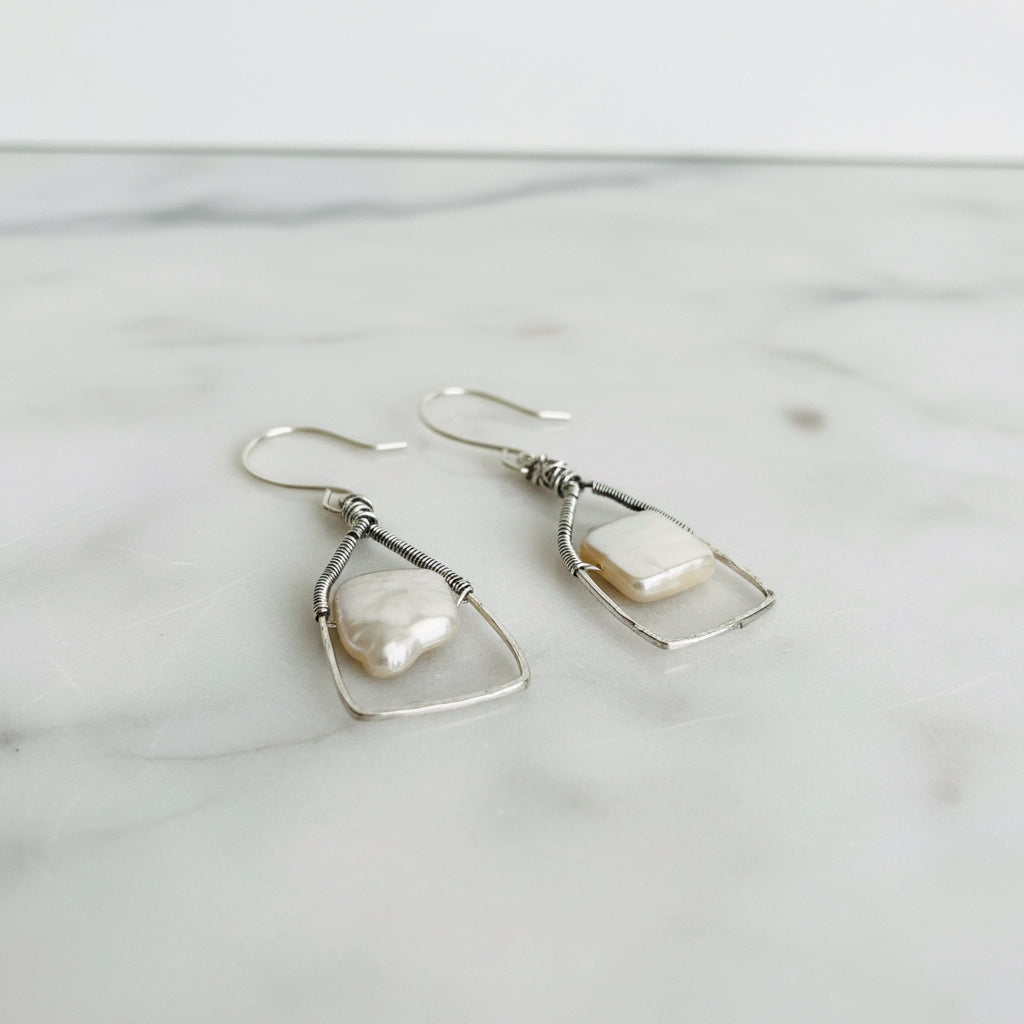 Pearl Earrings/Square Earrings, Silver Earrings- Janine Gerade