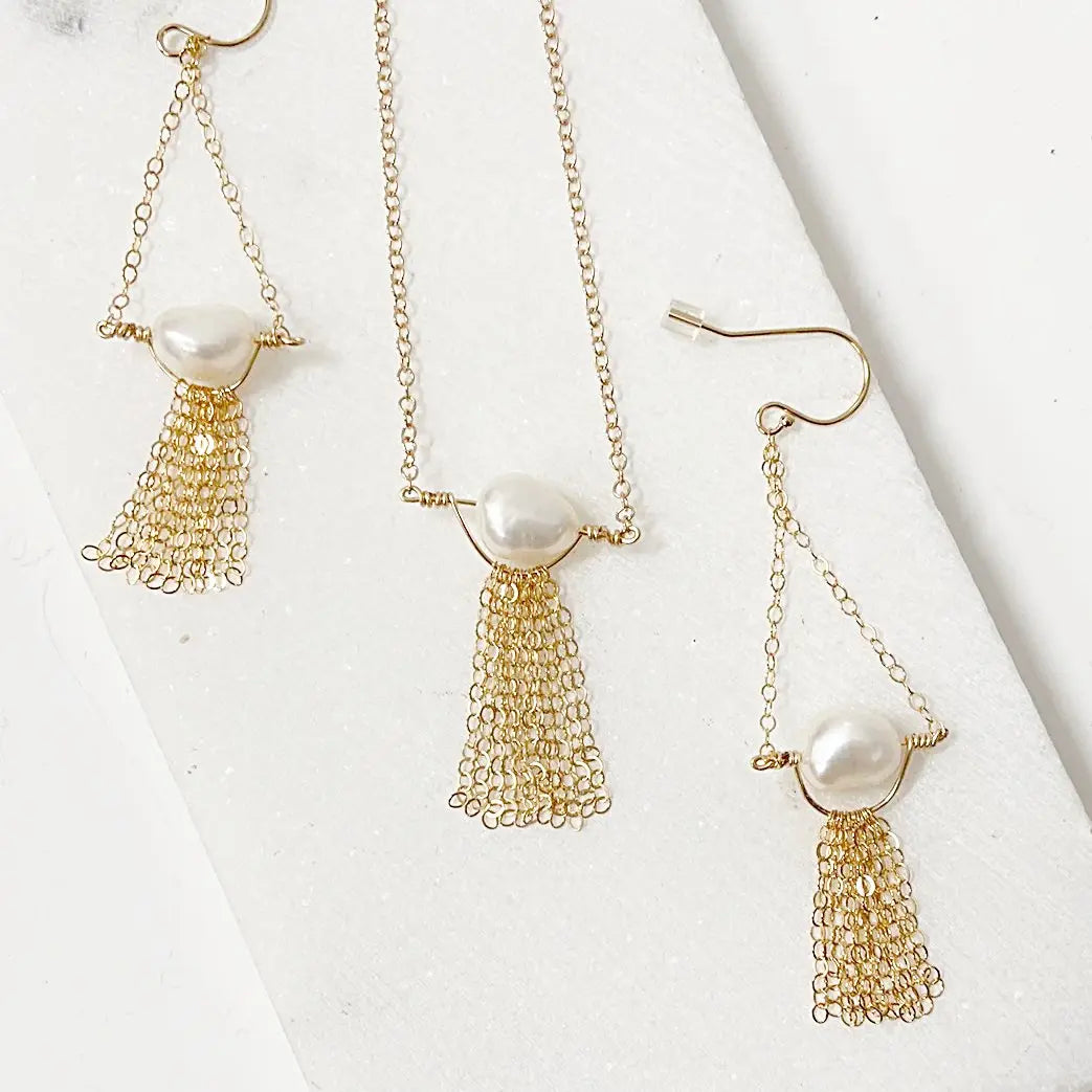 Pearl with Gold Filled Chain Tassels Necklace Nicole Goulet
