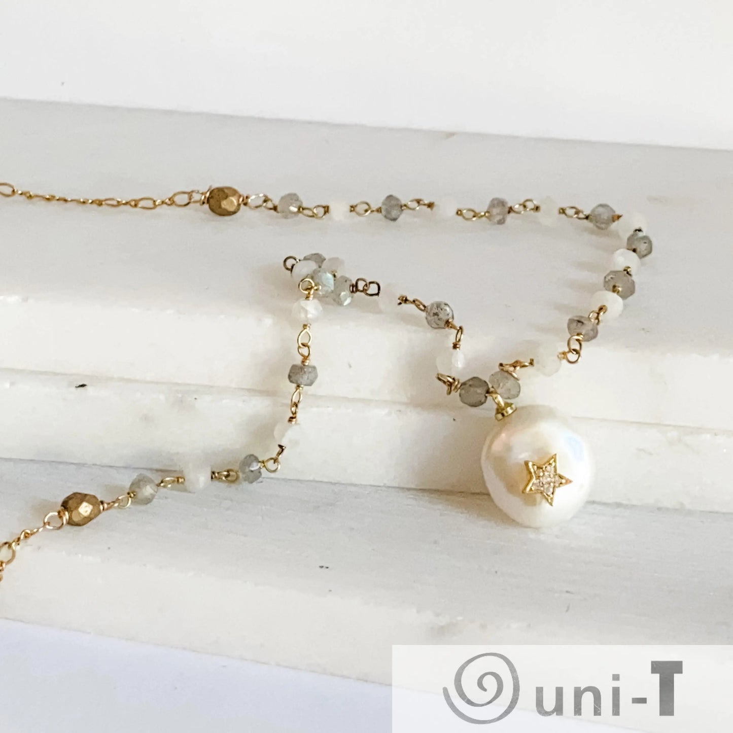 Pearl, Moonstone and Labradorite with 14K Gold Filled Necklace Regina McGearty