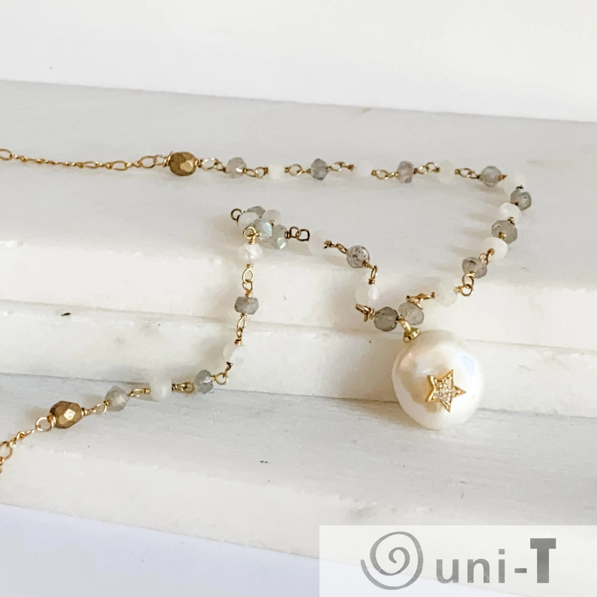 Pearl, Moonstone and Labradorite with 14K Gold Filled Necklace Regina McGearty
