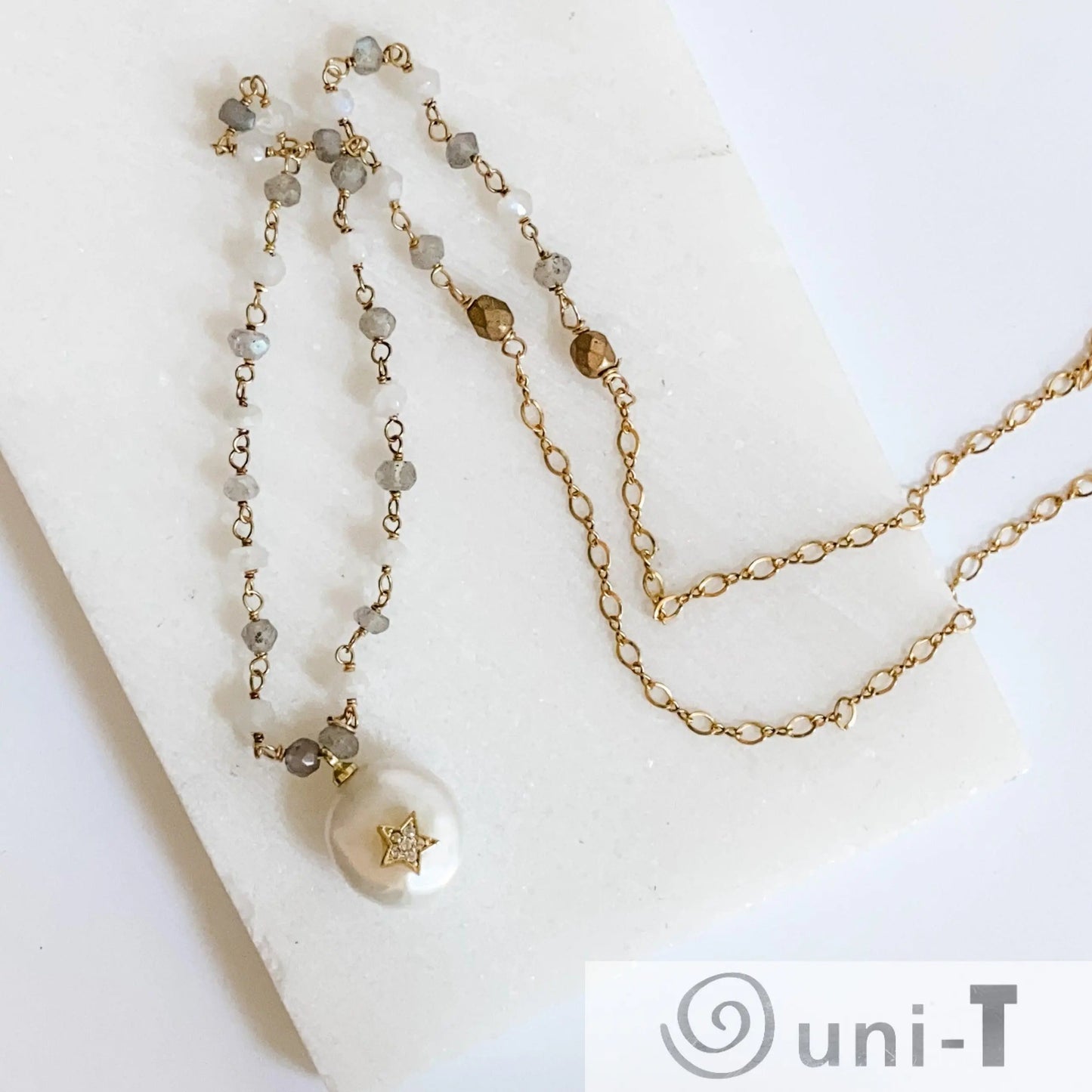 Pearl, Moonstone and Labradorite with 14K Gold Filled Necklace Regina McGearty
